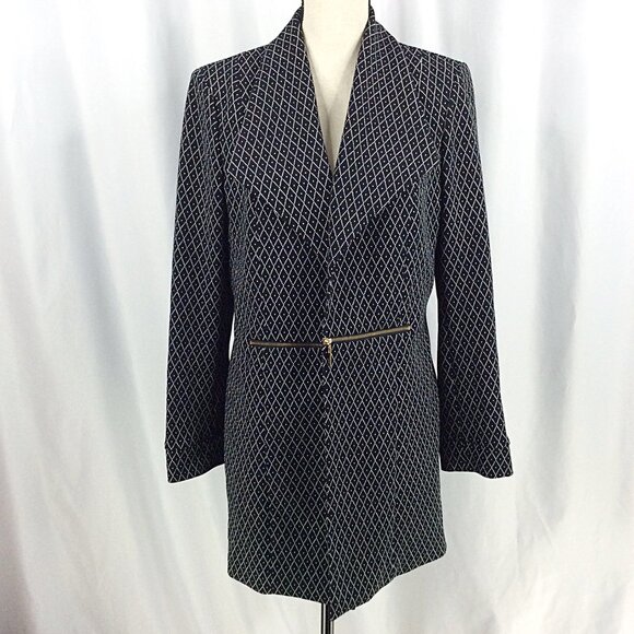 Black Label Evan Picone Open Trench Blazer Jacket 10 Black Diamond Plaid Gold - Picture 1 of 10